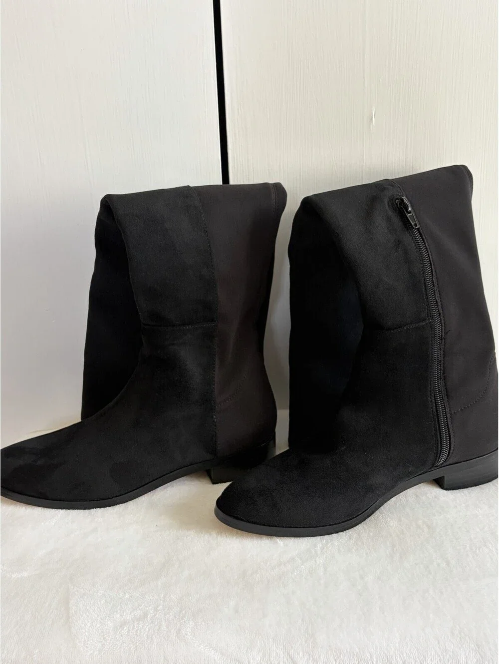 J.Crew Factory Black Faux Suede Knee High Boots with Stretch Women's 7 Pull On